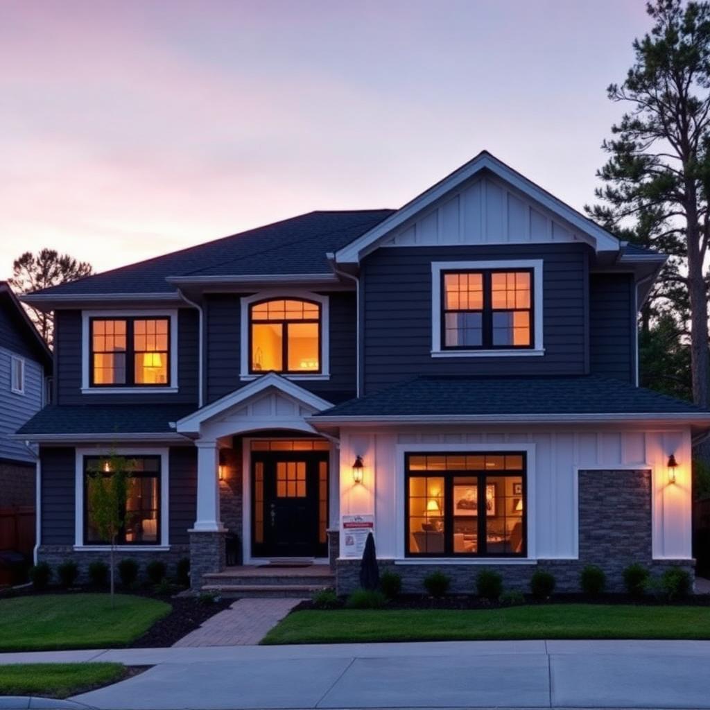 Modern home exterior at dusk